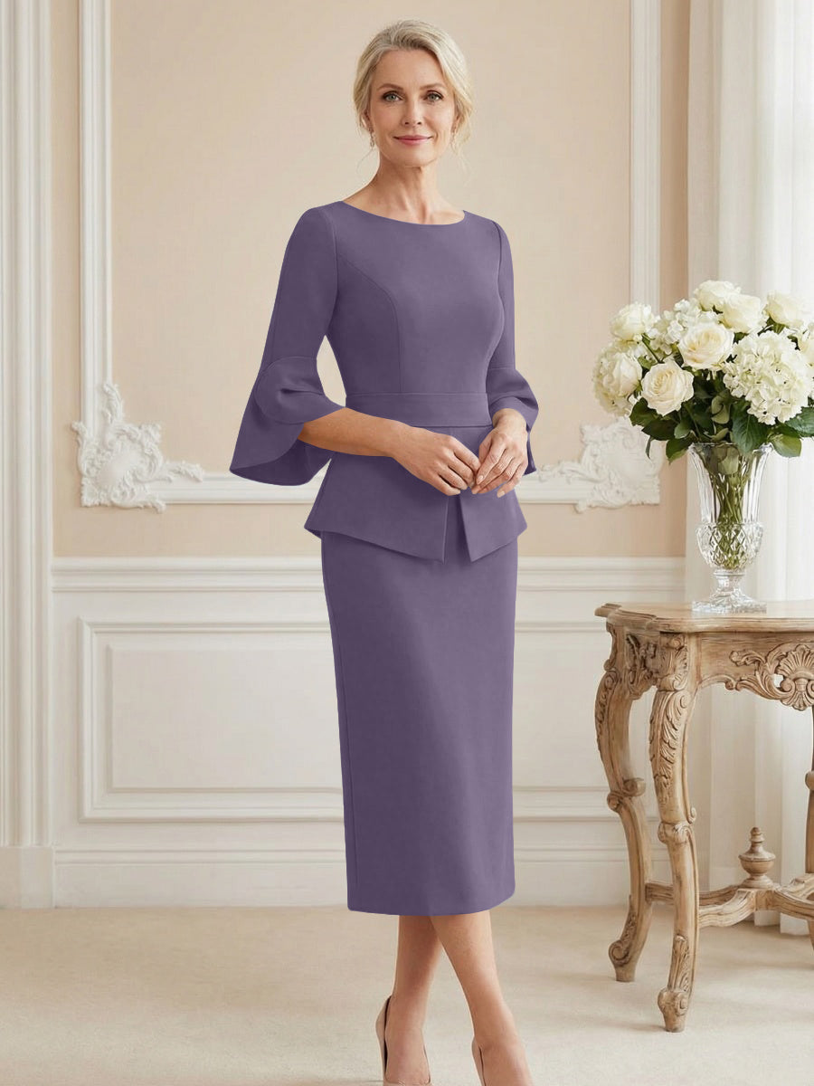 3/4 Sleeve Round Neck Sheath Midi Satin Mother of the Bride Dresses Formal Dress (SHI22500384)