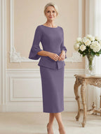 3/4 Sleeve Round Neck Sheath Midi Satin Mother of the Bride Dresses Formal Dress (SHI22500384)