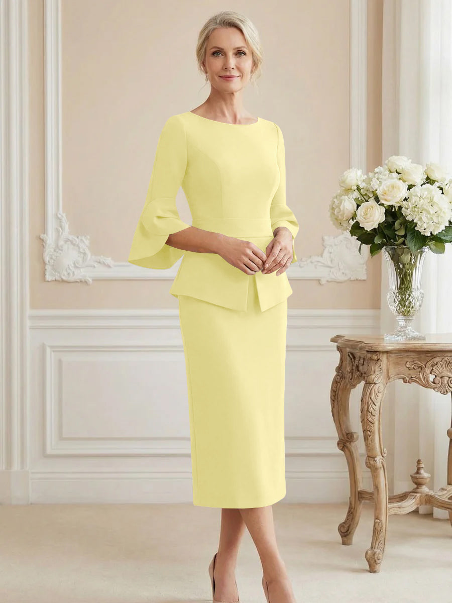 3/4 Sleeve Round Neck Sheath Midi Satin Mother of the Bride Dresses Formal Dress (SHI22500384)