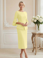 3/4 Sleeve Round Neck Sheath Midi Satin Mother of the Bride Dresses Formal Dress (SHI22500384)
