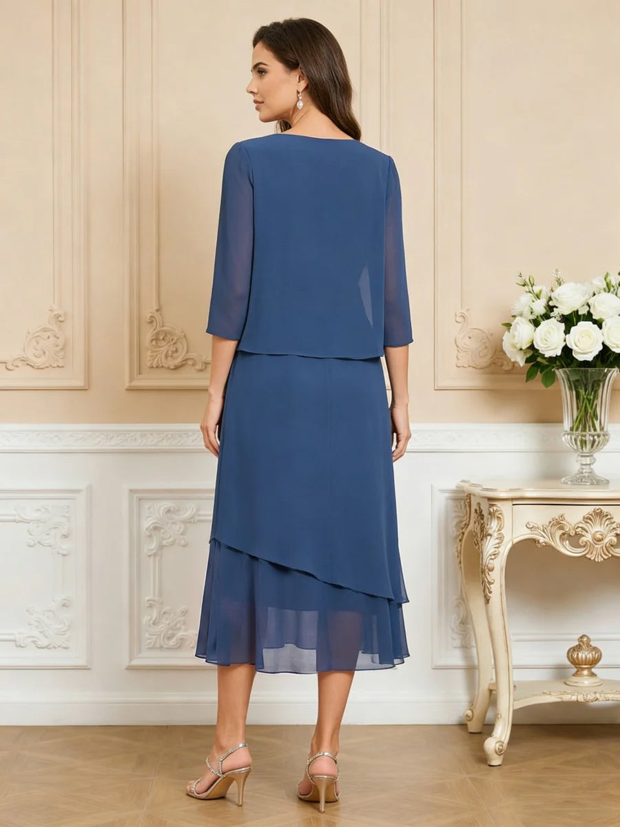 3/4 Sleeve Round Neck A-Line Midi Chiffon Mother of the Bride Dresses with Jacket (SHI22500386)