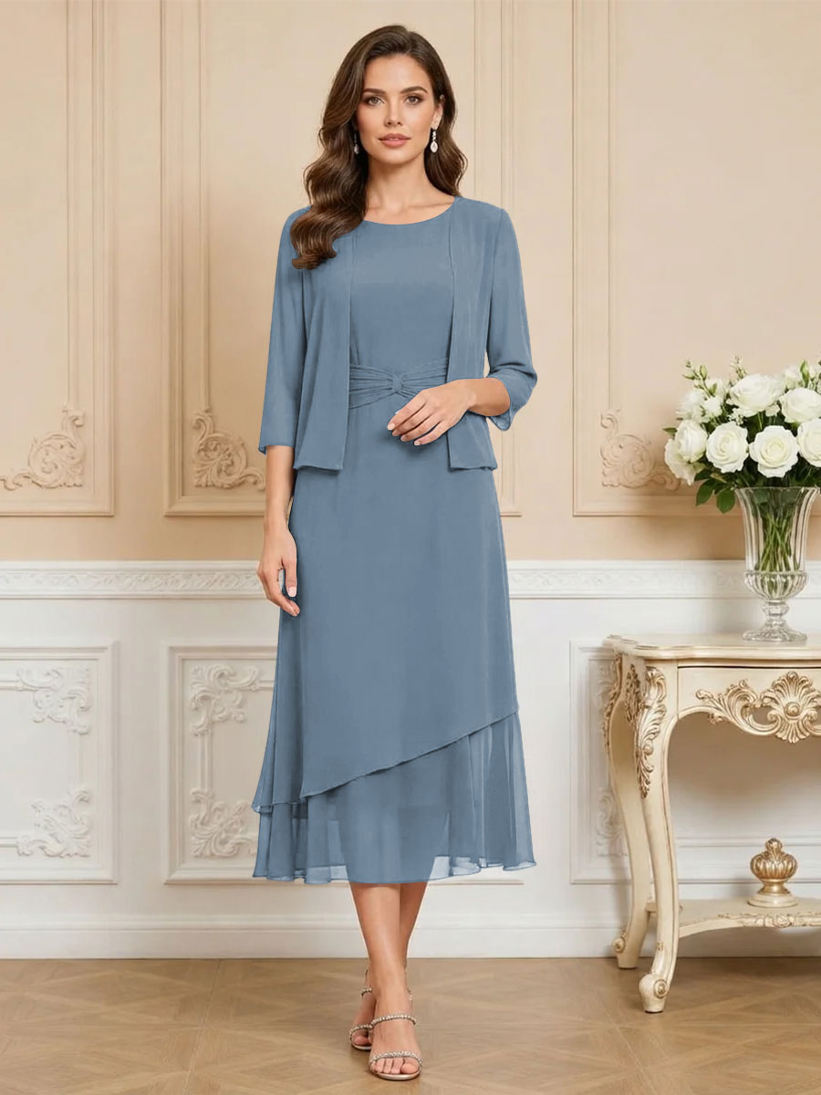 3/4 Sleeve Round Neck A-Line Midi Chiffon Mother of the Bride Dresses with Jacket (SHI22500386)