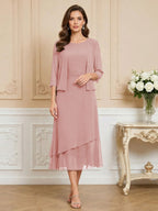 3/4 Sleeve Round Neck A-Line Midi Chiffon Mother of the Bride Dresses with Jacket (SHI22500386)