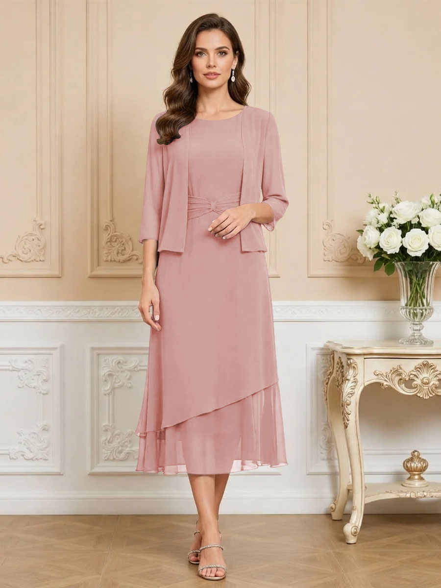 3/4 Sleeve Round Neck A-Line Midi Chiffon Mother of the Bride Dresses with Jacket (SHI22500386)