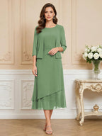 3/4 Sleeve Round Neck A-Line Midi Chiffon Mother of the Bride Dresses with Jacket (SHI22500386)