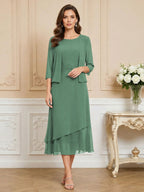 3/4 Sleeve Round Neck A-Line Midi Chiffon Mother of the Bride Dresses with Jacket (SHI22500386)