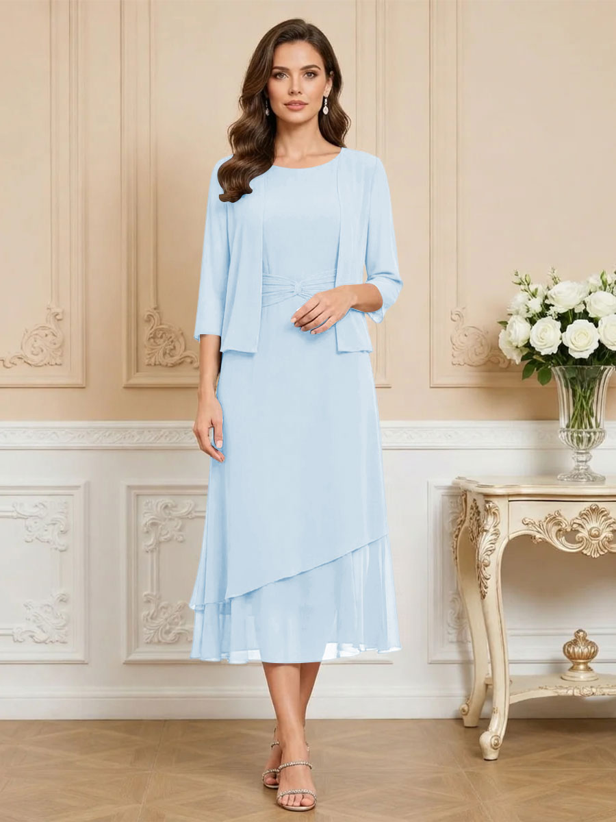 3/4 Sleeve Round Neck A-Line Midi Chiffon Mother of the Bride Dresses with Jacket (SHI22500386)