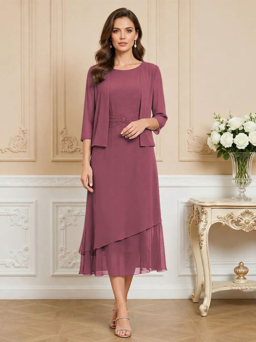 3/4 Sleeve Round Neck A-Line Midi Chiffon Mother of the Bride Dresses with Jacket (SHI22500386)