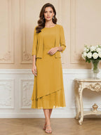 3/4 Sleeve Round Neck A-Line Midi Chiffon Mother of the Bride Dresses with Jacket (SHI22500386)