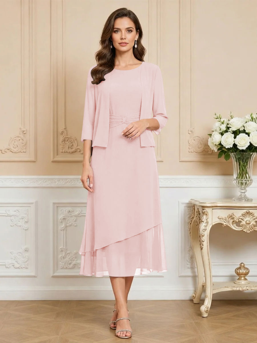 3/4 Sleeve Round Neck A-Line Midi Chiffon Mother of the Bride Dresses with Jacket (SHI22500386)
