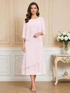 3/4 Sleeve Round Neck A-Line Midi Chiffon Mother of the Bride Dresses with Jacket (SHI22500386)