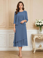 3/4 Sleeve Round Neck A-Line Midi Chiffon Mother of the Bride Dresses with Jacket (SHI22500386)