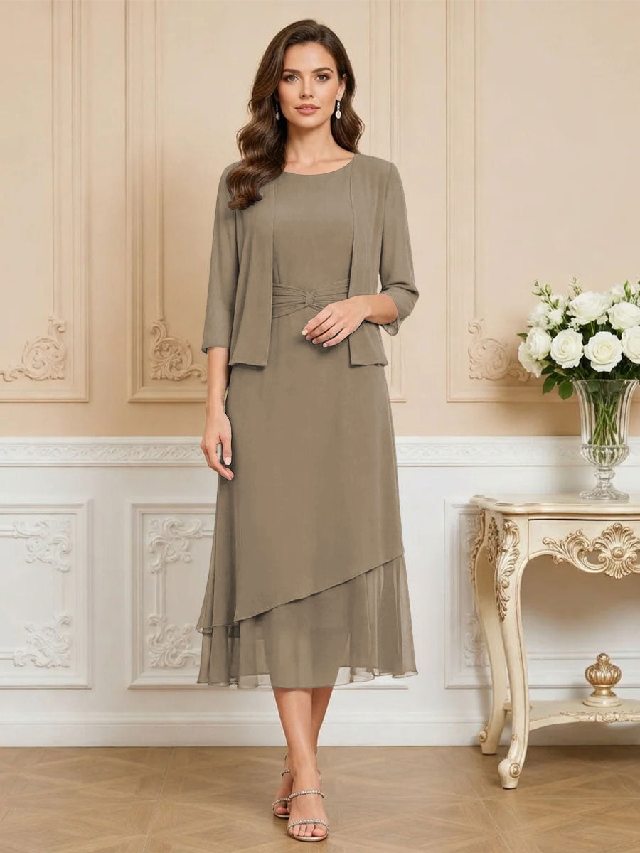 3/4 Sleeve Round Neck A-Line Midi Chiffon Mother of the Bride Dresses with Jacket (SHI22500386)