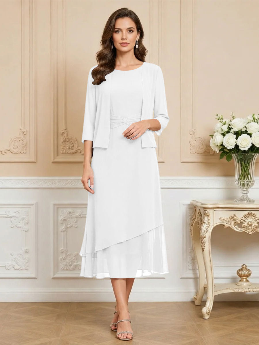 3/4 Sleeve Round Neck A-Line Midi Chiffon Mother of the Bride Dresses with Jacket (SHI22500386)