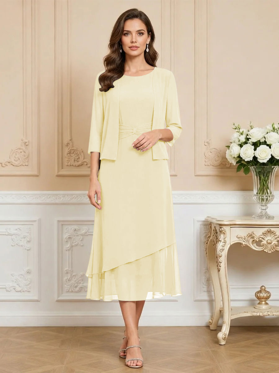 3/4 Sleeve Round Neck A-Line Midi Chiffon Mother of the Bride Dresses with Jacket (SHI22500386)