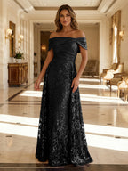A-Line Metallic Satin Off Shoulder Bow Mother of the Bride & Groom Dresses with Floral Lace Appliques, Ruched Waist & Sweep Train (SHI22500425)