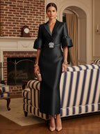 Sheath Satin Tea-Length Mother of the Bride & Groom Dresses with 3/4 Bell Sleeves & Crystal Embellished Belt (SHI22500471)
