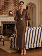Sheath Satin Tea-Length Mother of the Bride & Groom Dresses with 3/4 Bell Sleeves & Crystal Embellished Belt (SHI22500471)
