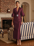 Sheath Satin Tea-Length Mother of the Bride & Groom Dresses with 3/4 Bell Sleeves & Crystal Embellished Belt (SHI22500471)