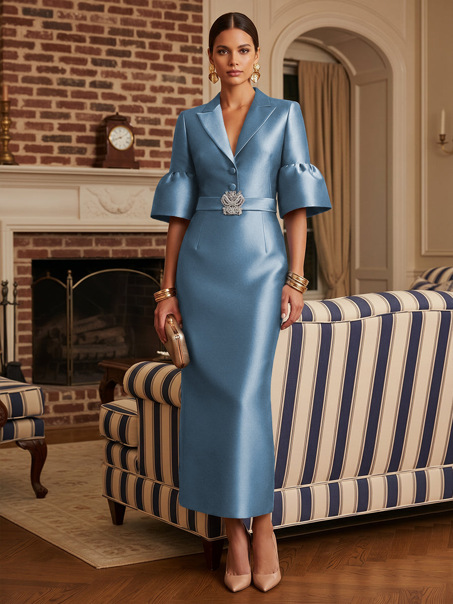 Sheath Satin Tea-Length Mother of the Bride & Groom Dresses with 3/4 Bell Sleeves & Crystal Embellished Belt (SHI22500471)