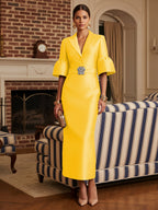 Sheath Satin Tea-Length Mother of the Bride & Groom Dresses with 3/4 Bell Sleeves & Crystal Embellished Belt (SHI22500471)