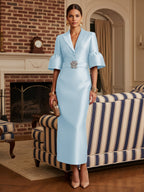 Sheath Satin Tea-Length Mother of the Bride & Groom Dresses with 3/4 Bell Sleeves & Crystal Embellished Belt (SHI22500471)