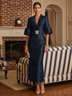 Sheath Satin Tea-Length Mother of the Bride & Groom Dresses with 3/4 Bell Sleeves & Crystal Embellished Belt (SHI22500471)