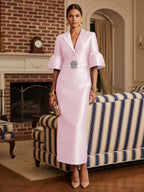 Sheath Satin Tea-Length Mother of the Bride & Groom Dresses with 3/4 Bell Sleeves & Crystal Embellished Belt (SHI22500471)