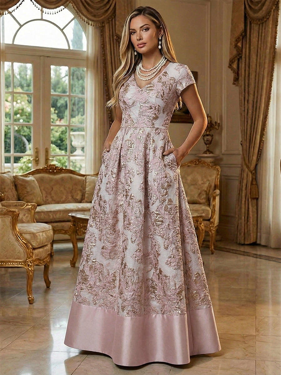 A-Line Floral Jacquard Floor-Length Mother of the Bride & Groom Dresses with V-Neck, Cap Sleeves (SHI22500480)
