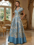 A-Line Floral Jacquard Floor-Length Mother of the Bride & Groom Dresses with V-Neck, Cap Sleeves (SHI22500480)