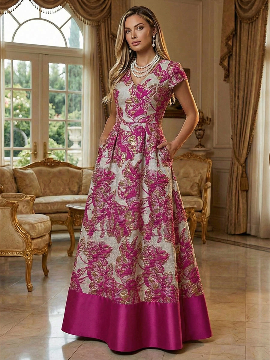 A-Line Floral Jacquard Floor-Length Mother of the Bride & Groom Dresses with V-Neck, Cap Sleeves (SHI22500480)