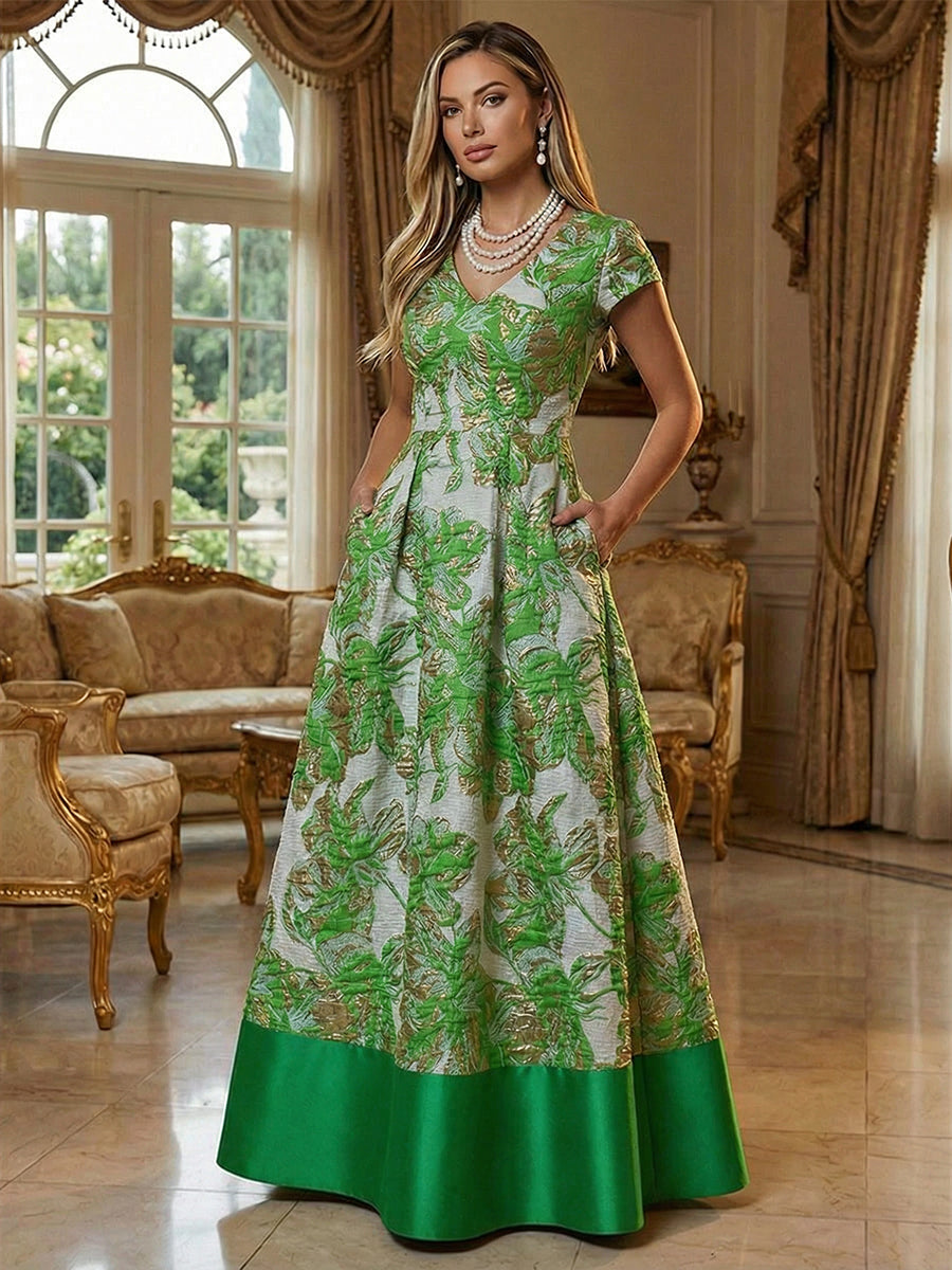 A-Line Floral Jacquard Floor-Length Mother of the Bride & Groom Dresses with V-Neck, Cap Sleeves (SHI22500480)