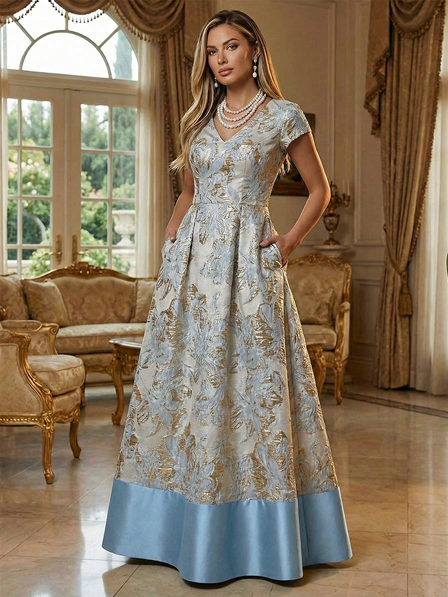 A-Line Floral Jacquard Floor-Length Mother of the Bride & Groom Dresses with V-Neck, Cap Sleeves (SHI22500480)
