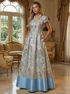 A-Line Floral Jacquard Floor-Length Mother of the Bride & Groom Dresses with V-Neck, Cap Sleeves (SHI22500480)