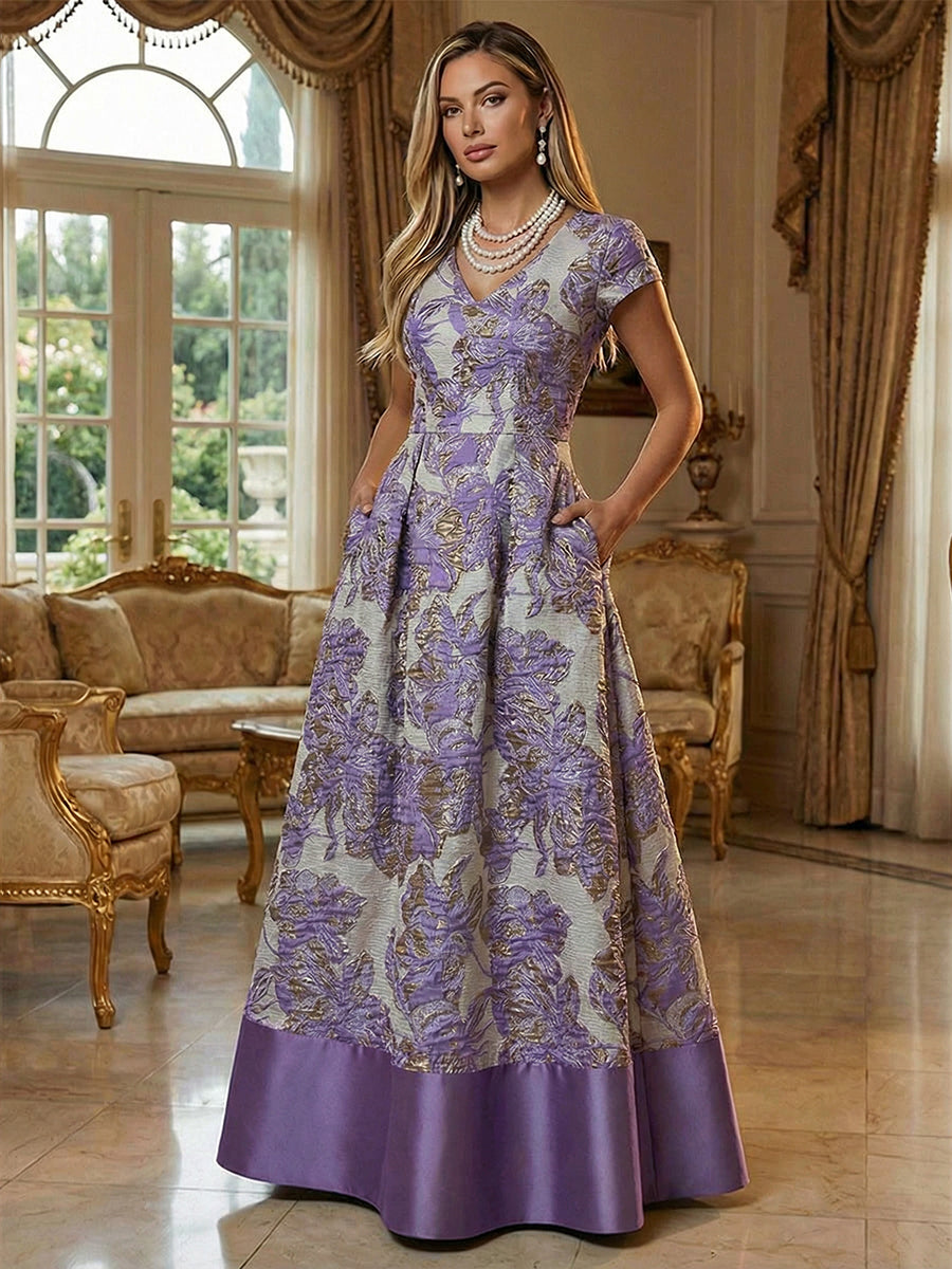 A-Line Floral Jacquard Floor-Length Mother of the Bride & Groom Dresses with V-Neck, Cap Sleeves (SHI22500480)
