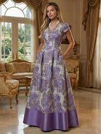 A-Line Floral Jacquard Floor-Length Mother of the Bride & Groom Dresses with V-Neck, Cap Sleeves (SHI22500480)