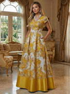 A-Line Floral Jacquard Floor-Length Mother of the Bride & Groom Dresses with V-Neck, Cap Sleeves (SHI22500480)