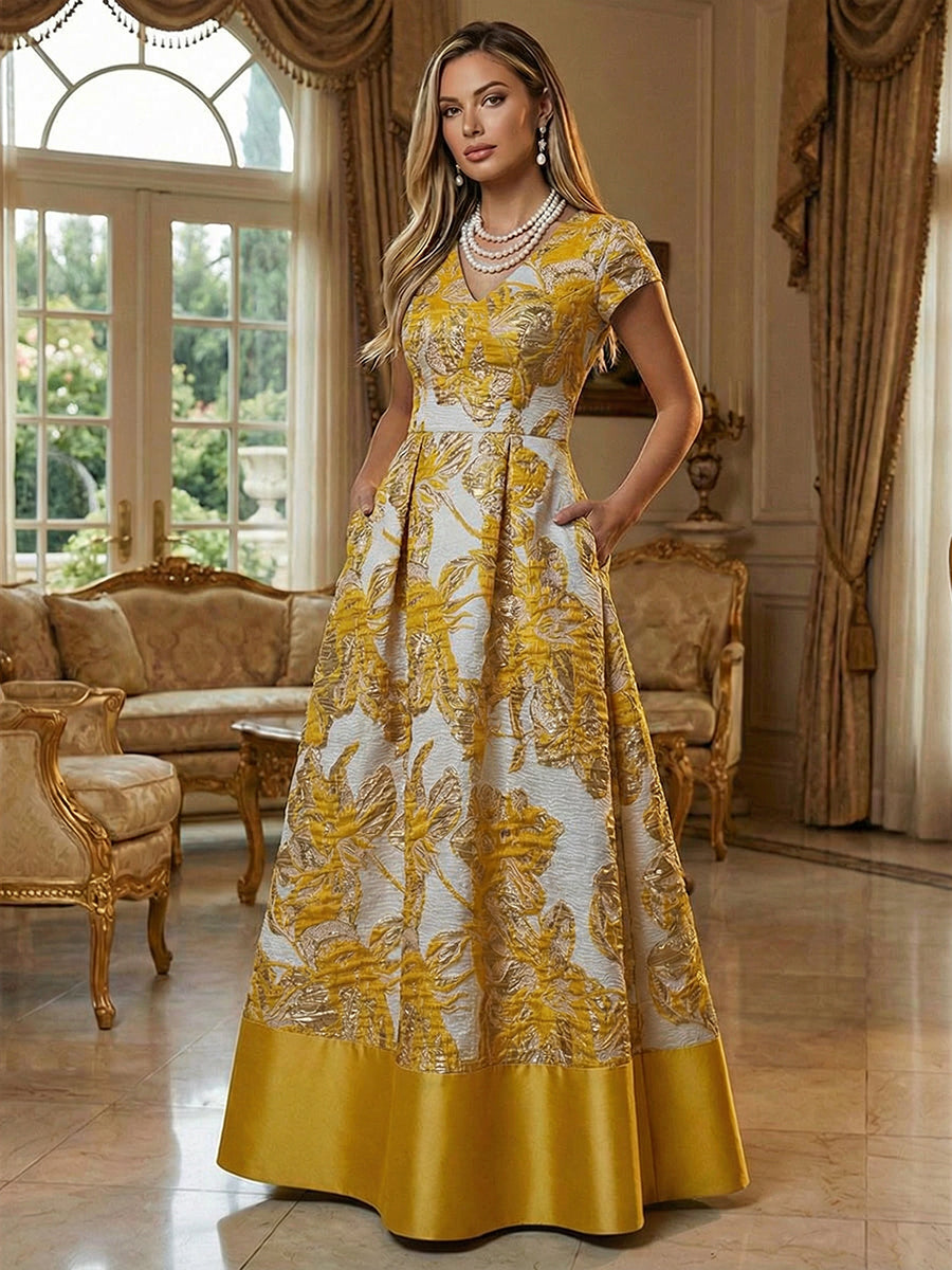 A-Line Floral Jacquard Floor-Length Mother of the Bride & Groom Dresses with V-Neck, Cap Sleeves (SHI22500480)
