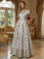 A-Line Floral Jacquard Floor-Length Mother of the Bride & Groom Dresses with V-Neck, Cap Sleeves (SHI22500480)