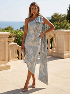 One Shoulder Beaded Midi Jacquard Satin Mother of the Bride Dresses (SHI22500511)