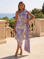 One Shoulder Beaded Midi Jacquard Satin Mother of the Bride Dresses (SHI22500511)