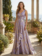 Sleeveless V-Neck Ruched Jacquard Satin Mother of the Bride Dresses (SHI22500512)