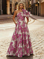 One Shoulder Jacquard Satin Mother of the Bride Dresses with Bow (SHI22500515)