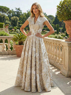 Cape Sleeve Jacquard Satin Ruched Mother of the Bride Dresses (SHI22500526)