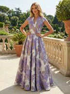 Cape Sleeve Jacquard Satin Ruched Mother of the Bride Dresses (SHI22500526)