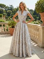 Cape Sleeve Jacquard Satin Ruched Mother of the Bride Dresses (SHI22500526)