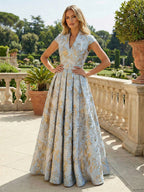 Cape Sleeve Jacquard Satin Ruched Mother of the Bride Dresses (SHI22500526)