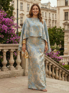 Cape Sleeve Jacquard Satin Ruched Mother of the Bride Dresses 2 Piece (SHI22500528)