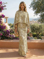 Cape Sleeve Jacquard Satin Ruched Mother of the Bride Dresses 2 Piece (SHI22500528)
