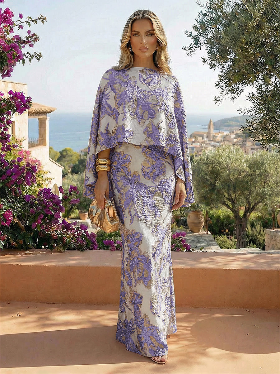Cape Sleeve Jacquard Satin Ruched Mother of the Bride Dresses 2 Piece (SHI22500528)